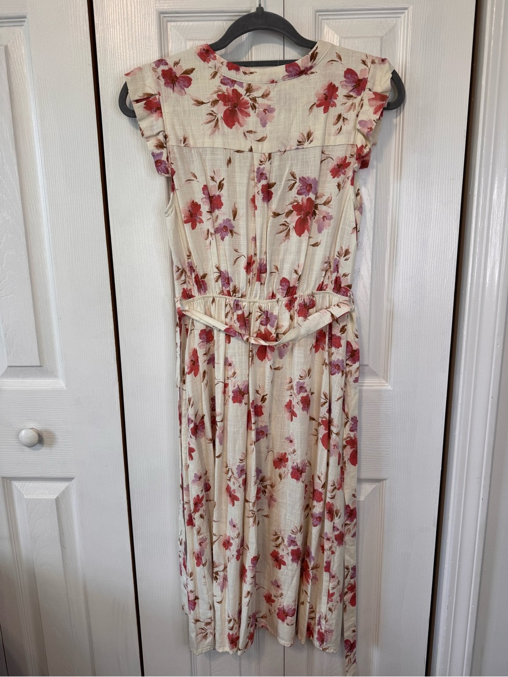 Monteau Cream Maxi Belted Dress with Pink Salmon Lavender Floral Print Size XS - Picture 7 of 13